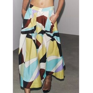 Zara MIDI SKIRT Abstract Geometric Print Multicolor Black Yellow Purple White